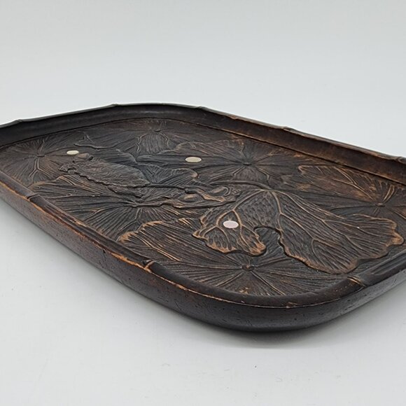 Chinese Carved Wooden Tray Lotus Leaves Frog Pulling Turtle Leg VTG Inlay - Picture 6 of 9